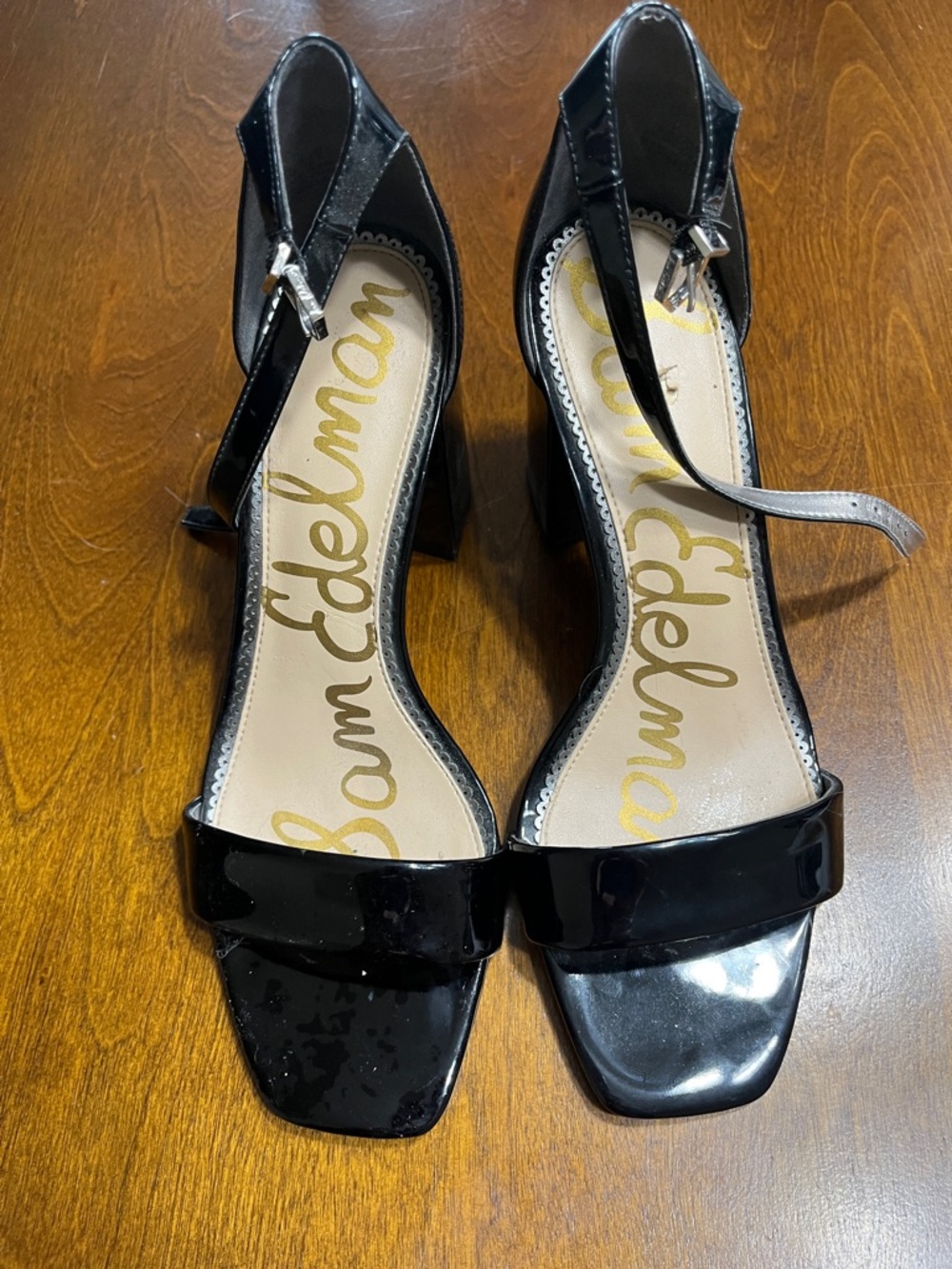 Sam Edelman Black Patent Block Heel Sandals with Ankle Strap
